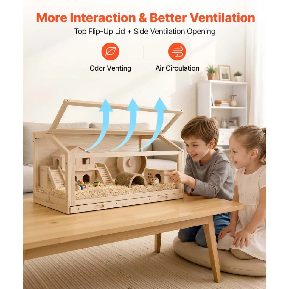 VEVOR Wooden Hamster Cage 39.4"x20.5"x19.9" 270° Viewing Hamster Habitat, Chewproof Acrylic Small Animal Cage with Openable Top, Large Pet Enclosure for Syrian/Dwarf Hamsters, Guinea Pigs & Gerbils