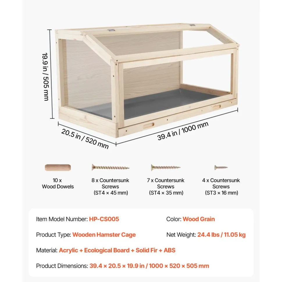VEVOR Wooden Hamster Cage 39.4"x20.5"x19.9" 270° Viewing Hamster Habitat, Chewproof Acrylic Small Animal Cage with Openable Top, Large Pet Enclosure for Syrian/Dwarf Hamsters, Guinea Pigs & Gerbils