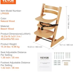 VEVOR Wooden High Chair for Babies & Toddlers, Convertible Adjustable Feeding Chair, Eat & Grow High Chair with Tray, Grow with Kid Portable Baby Dining Booster Seat, Beech Wood Toddler Chair, Natural