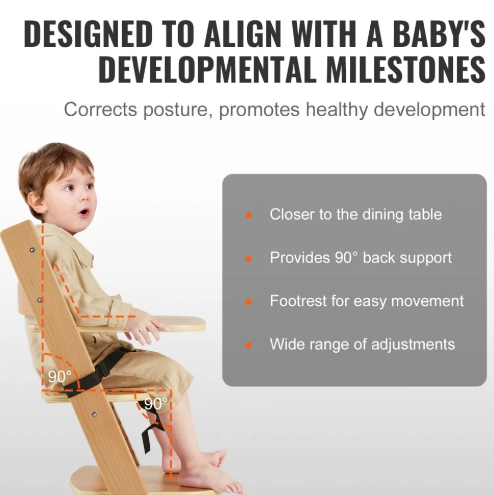 VEVOR Wooden High Chair for Babies & Toddlers, Convertible Adjustable Feeding Chair, Eat & Grow High Chair with Tray, Grow with Kid Portable Baby Dining Booster Seat, Beech Wood Toddler Chair, Natural