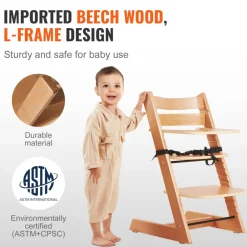 VEVOR Wooden High Chair for Babies & Toddlers, Convertible Adjustable Feeding Chair, Eat & Grow High Chair with Tray, Grow with Kid Portable Baby Dining Booster Seat, Beech Wood Toddler Chair, Natural
