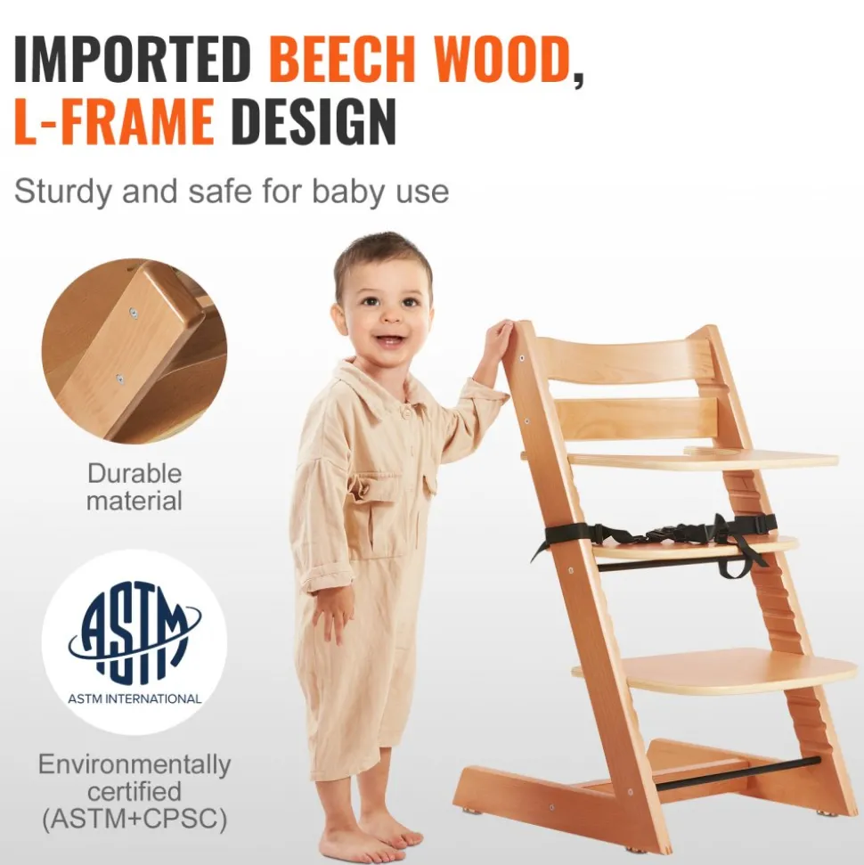 VEVOR Wooden High Chair for Babies & Toddlers, Convertible Adjustable Feeding Chair, Eat & Grow High Chair with Tray, Grow with Kid Portable Baby Dining Booster Seat, Beech Wood Toddler Chair, Natural
