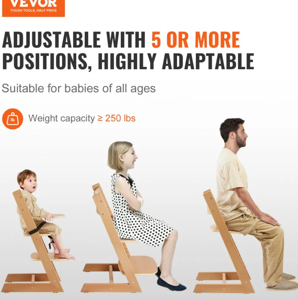 VEVOR Wooden High Chair for Babies & Toddlers, Convertible Adjustable Feeding Chair, Eat & Grow High Chair with Tray, Grow with Kid Portable Baby Dining Booster Seat, Beech Wood Toddler Chair, Natural