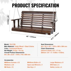 VEVOR Wooden Porch Swing 4.5 ft, Patio bench swing for Courtyard & Garden, Upgraded 880 lbs Strong Load Capacity, Heavy Duty Swing Chair Bench with Hanging Chains for Outdoors, White
