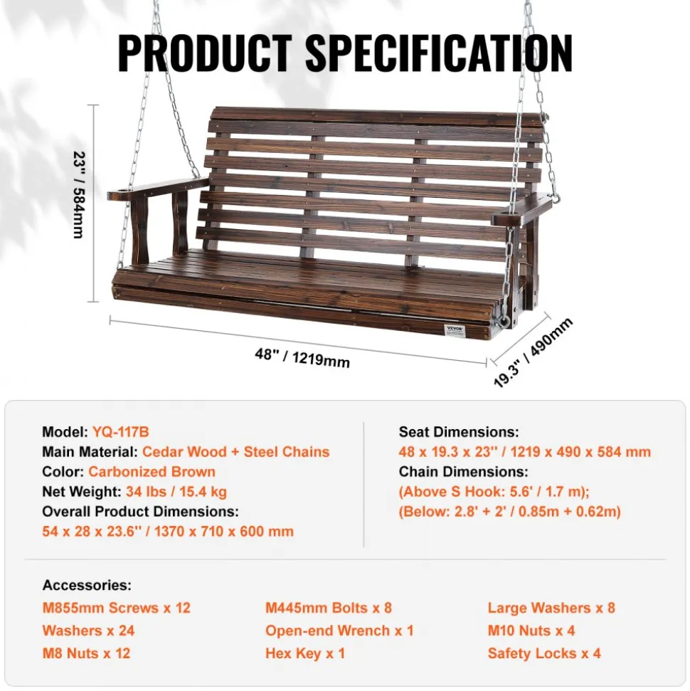 VEVOR Wooden Porch Swing 4.5 ft, Patio bench swing for Courtyard & Garden, Upgraded 880 lbs Strong Load Capacity, Heavy Duty Swing Chair Bench with Hanging Chains for Outdoors, White