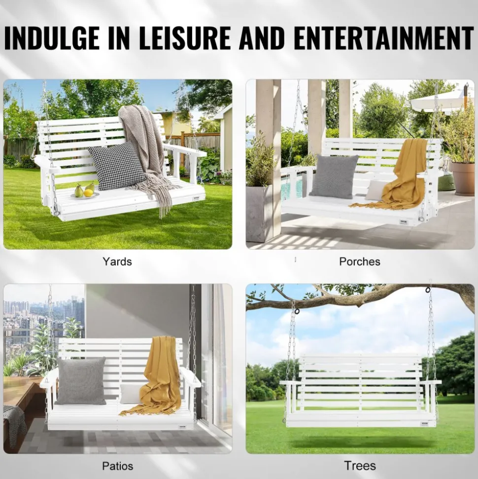 VEVOR Wooden Porch Swing 4 ft, Patio bench swing for Courtyard & Garden, Upgraded 880 lbs Strong Load Capacity, Heavy Duty Swing Chair Bench with Hanging Chains for Outdoors, White