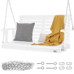 VEVOR Wooden Porch Swing 4 ft, Patio bench swing for Courtyard & Garden, Upgraded 880 lbs Strong Load Capacity, Heavy Duty Swing Chair Bench with Hanging Chains for Outdoors, White