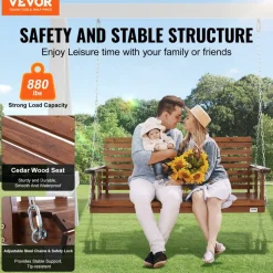 VEVOR Wooden Porch Swing 5 ft, Patio bench swing for Courtyard & Garden, Upgraded 880 lbs Strong Load Capacity, Heavy Duty Swing Chair Bench with Hanging Chains for Outdoors, Brown