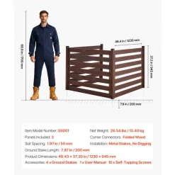 VEVOR Wooden Privacy Fence, 48 x 37 inch Air Conditioner Fence, 3 Panel Solid Outdoor Wood Privacy Screen with Metal Stakes, Steel Frame, Trash Can Hider Fences Suitable for Garden, Pool