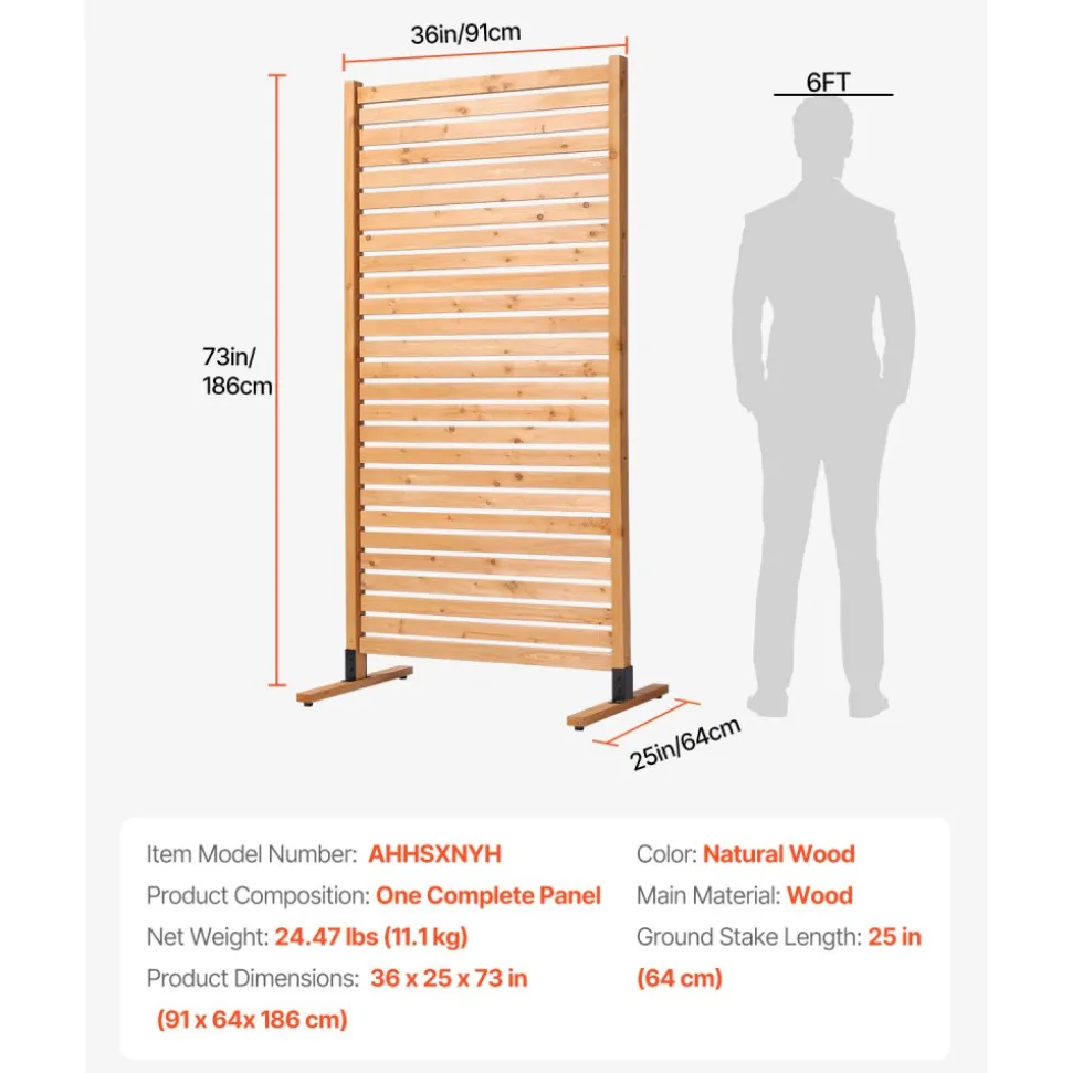 VEVOR Wooden Privacy Screen, 36" W x 76" H Outdoor Privacy Screen, Freestanding Wood Privacy Panel with Stand, Decorative Patio Privacy Screen, Outdoor Divider for Balcony Patio Lawn Garden
