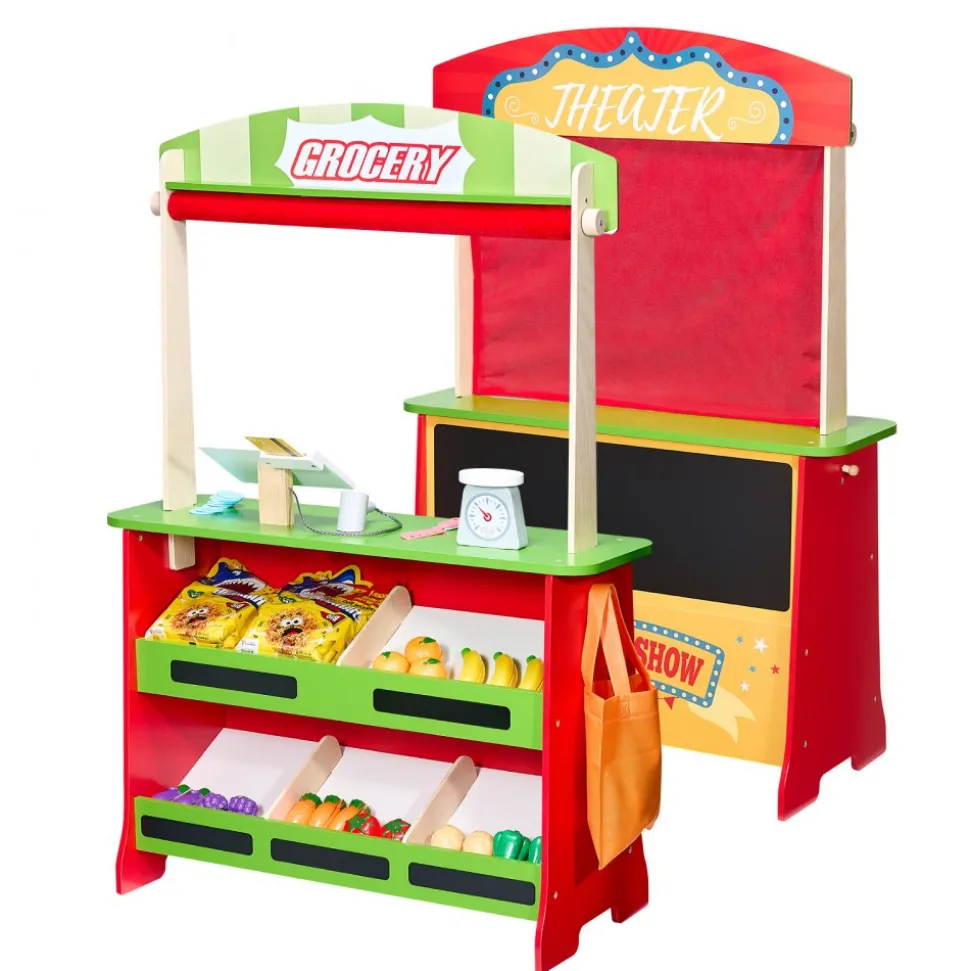 VEVOR Wooden Puppet Theater with Curtains, 2-in-1 Reversible Play Store, Double-Sided Grocery Store Playset with Chalkboard & Cash Register, Kids Pretend Play Market Stand, Gift for Boys & Girls