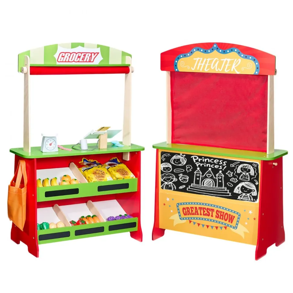 VEVOR Wooden Puppet Theater with Curtains, 2-in-1 Reversible Play Store, Double-Sided Grocery Store Playset with Chalkboard & Cash Register, Kids Pretend Play Market Stand, Gift for Boys & Girls