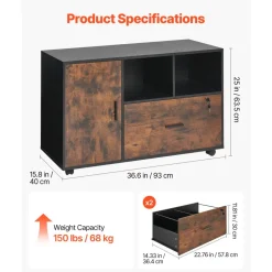 VEVOR Wood File Cabinet, Mobile Filing Cabinet with Open Shelves, Lockable Lateral Rolling File Storage with Adjustable Shelves, Free Standing Printer Stand for Home, Office, School, Rustic Brown
