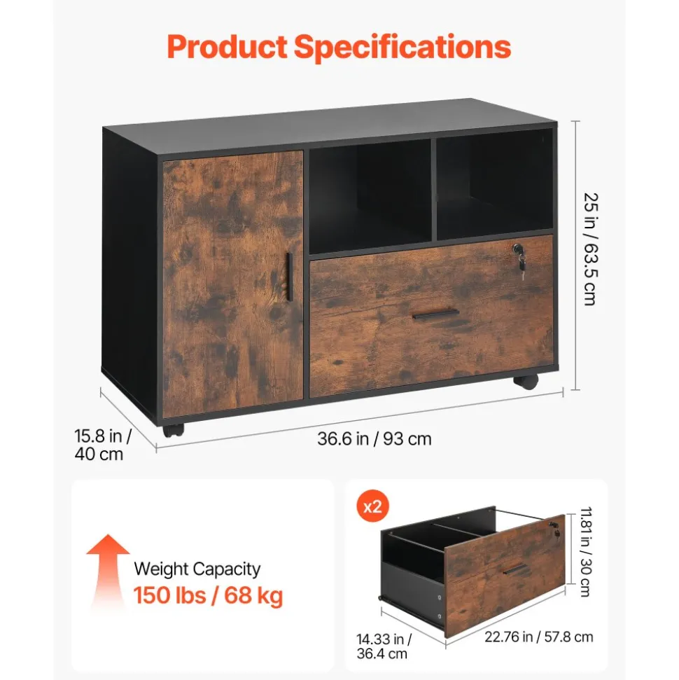 VEVOR Wood File Cabinet, Mobile Filing Cabinet with Open Shelves, Lockable Lateral Rolling File Storage with Adjustable Shelves, Free Standing Printer Stand for Home, Office, School, Rustic Brown