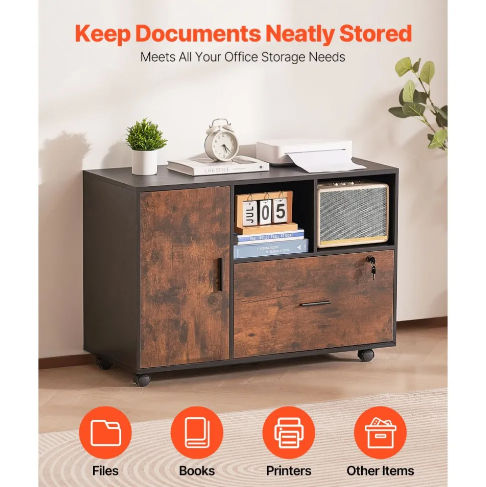 VEVOR Wood File Cabinet, Mobile Filing Cabinet with Open Shelves, Lockable Lateral Rolling File Storage with Adjustable Shelves, Free Standing Printer Stand for Home, Office, School, Rustic Brown