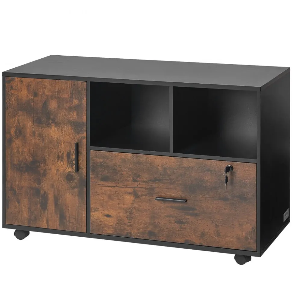 VEVOR Wood File Cabinet, Mobile Filing Cabinet with Open Shelves, Lockable Lateral Rolling File Storage with Adjustable Shelves, Free Standing Printer Stand for Home, Office, School, Rustic Brown