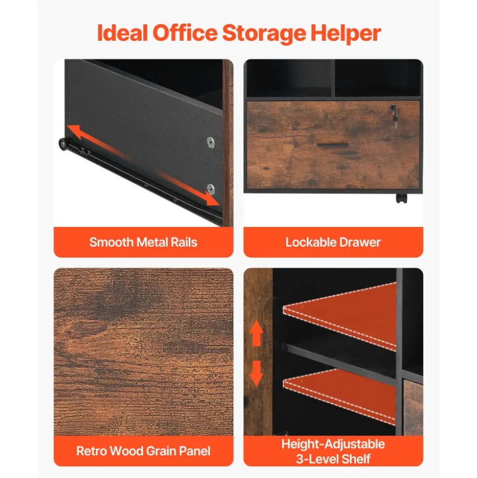 VEVOR Wood File Cabinet, Mobile Filing Cabinet with Open Shelves, Lockable Lateral Rolling File Storage with Adjustable Shelves, Free Standing Printer Stand for Home, Office, School, Rustic Brown