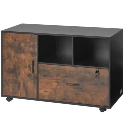 VEVOR Wood File Cabinet, Mobile Filing Cabinet with Open Shelves, Lockable Lateral Rolling File Storage with Adjustable Shelves, Free Standing Printer Stand for Home, Office, School, Rustic Brown