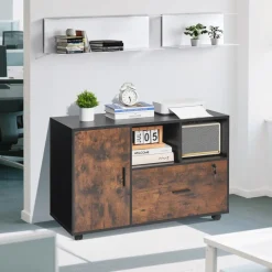 VEVOR Wood File Cabinet, Mobile Filing Cabinet with Open Shelves, Lockable Lateral Rolling File Storage with Adjustable Shelves, Free Standing Printer Stand for Home, Office, School, Rustic Brown