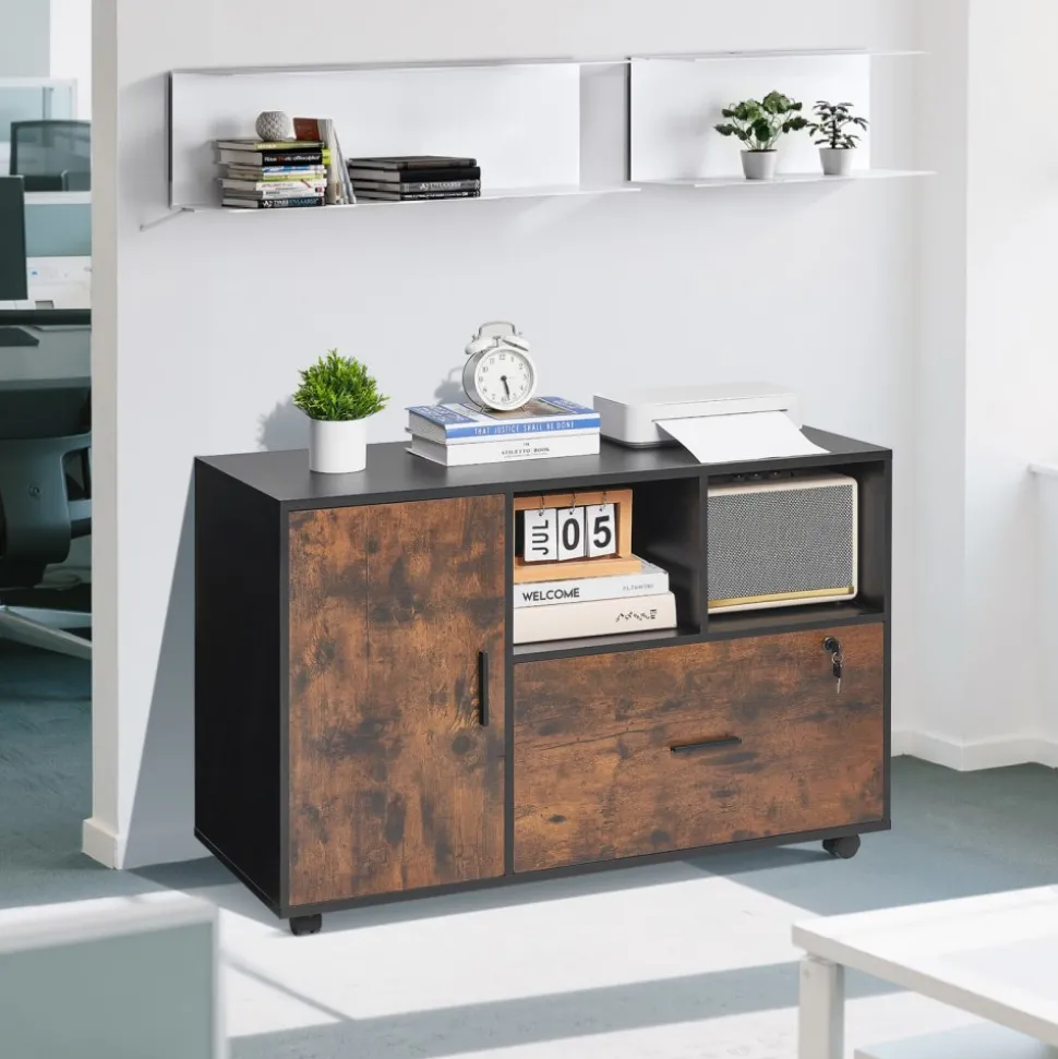 VEVOR Wood File Cabinet, Mobile Filing Cabinet with Open Shelves, Lockable Lateral Rolling File Storage with Adjustable Shelves, Free Standing Printer Stand for Home, Office, School, Rustic Brown