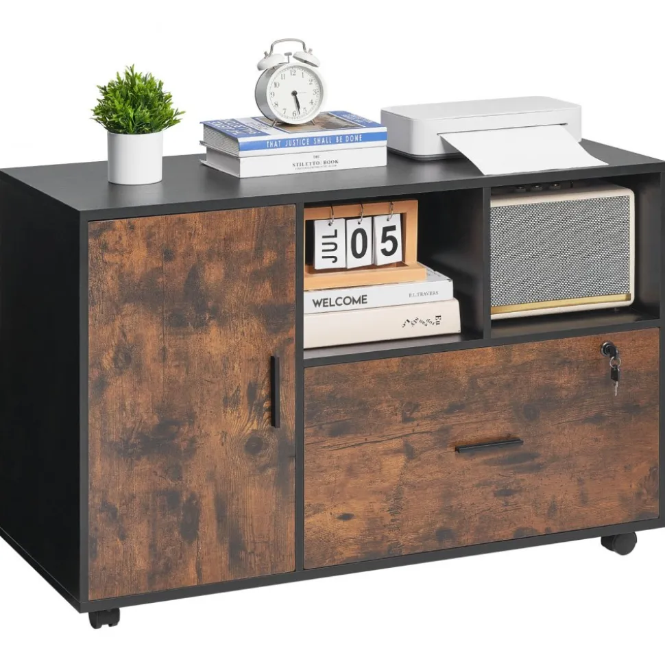 VEVOR Wood File Cabinet, Mobile Filing Cabinet with Open Shelves, Lockable Lateral Rolling File Storage with Adjustable Shelves, Free Standing Printer Stand for Home, Office, School, Rustic Brown