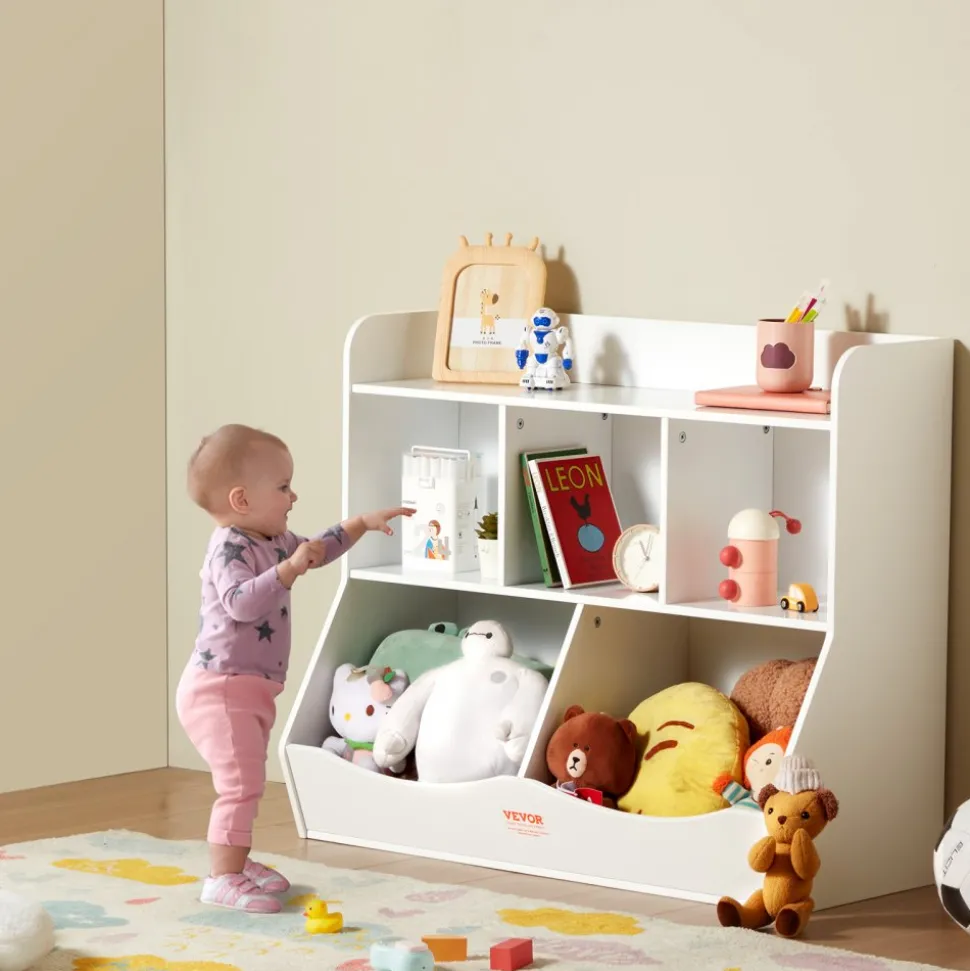 VEVOR Wood Kid Storage Cubby, Toy Storage Organizer with Bookshelf, 5-Cubby Wood Toy Storage Cabinet, Children Book Toy Shelf for Kids Room, Playroom, Kindergarten, Nursery, White