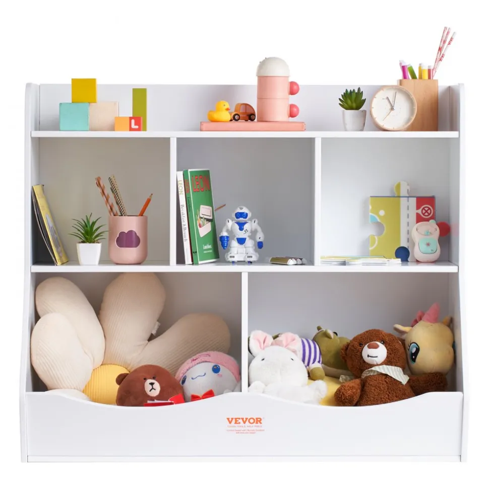 VEVOR Wood Kid Storage Cubby, Toy Storage Organizer with Bookshelf, 5-Cubby Wood Toy Storage Cabinet, Children Book Toy Shelf for Kids Room, Playroom, Kindergarten, Nursery, White