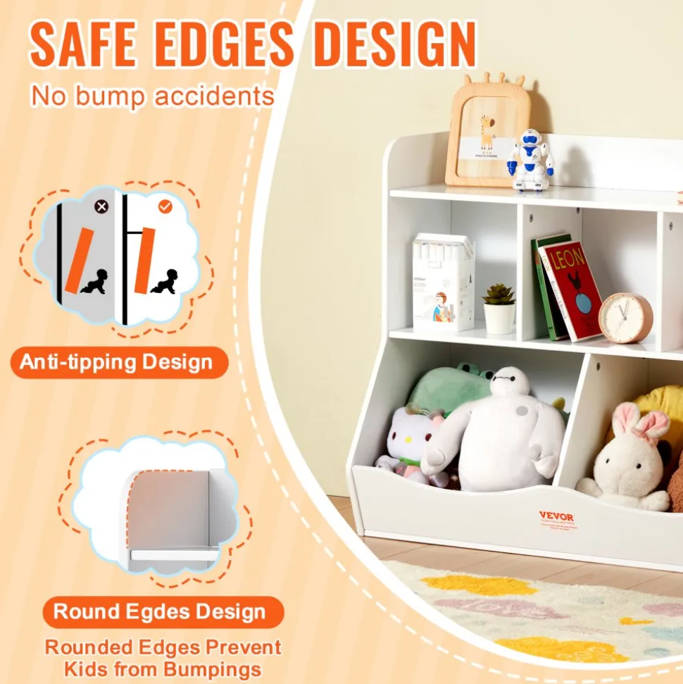 VEVOR Wood Kid Storage Cubby, Toy Storage Organizer with Bookshelf, 5-Cubby Wood Toy Storage Cabinet, Children Book Toy Shelf for Kids Room, Playroom, Kindergarten, Nursery, White