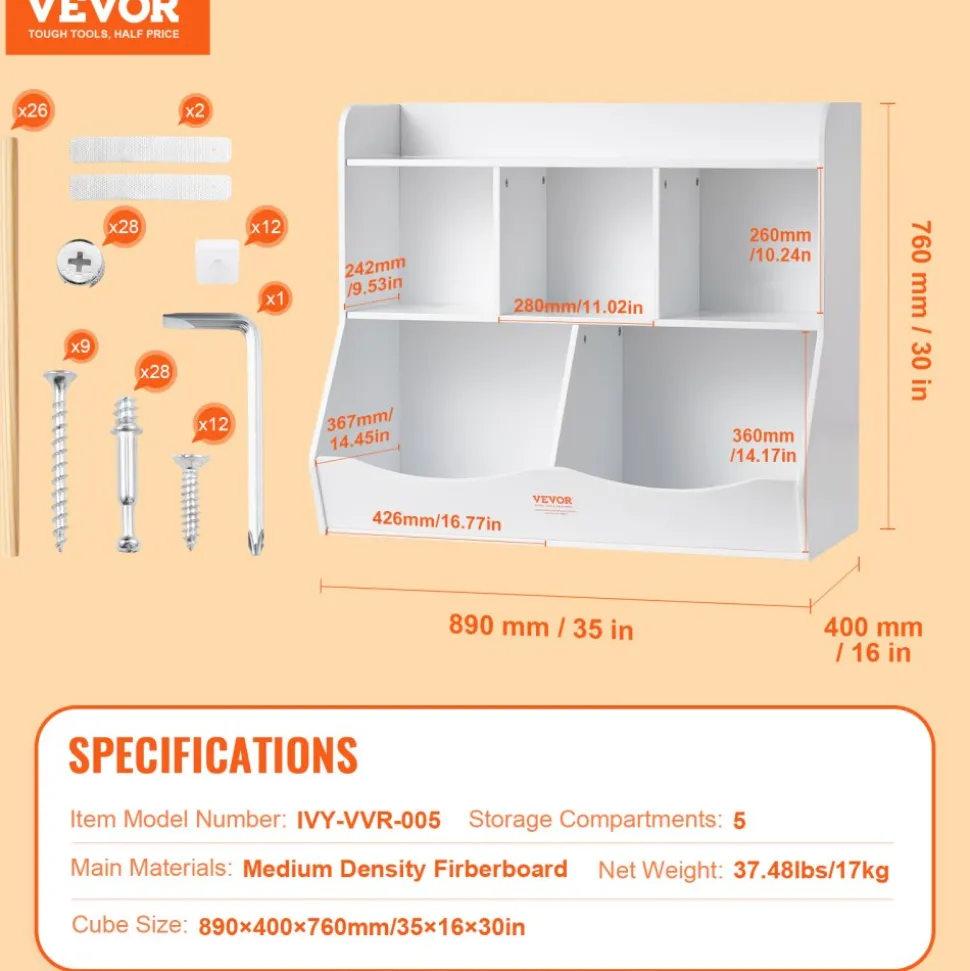 VEVOR Wood Kid Storage Cubby, Toy Storage Organizer with Bookshelf, 5-Cubby Wood Toy Storage Cabinet, Children Book Toy Shelf for Kids Room, Playroom, Kindergarten, Nursery, White