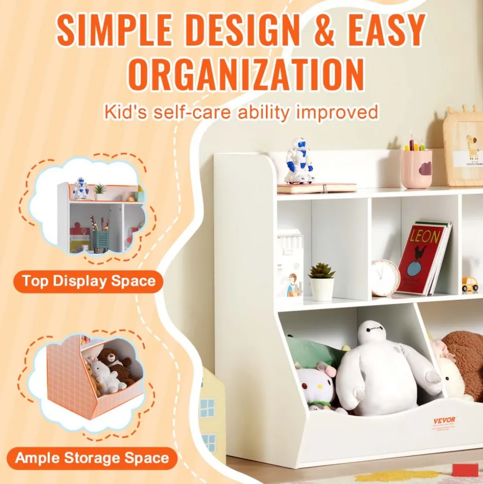 VEVOR Wood Kid Storage Cubby, Toy Storage Organizer with Bookshelf, 5-Cubby Wood Toy Storage Cabinet, Children Book Toy Shelf for Kids Room, Playroom, Kindergarten, Nursery, White