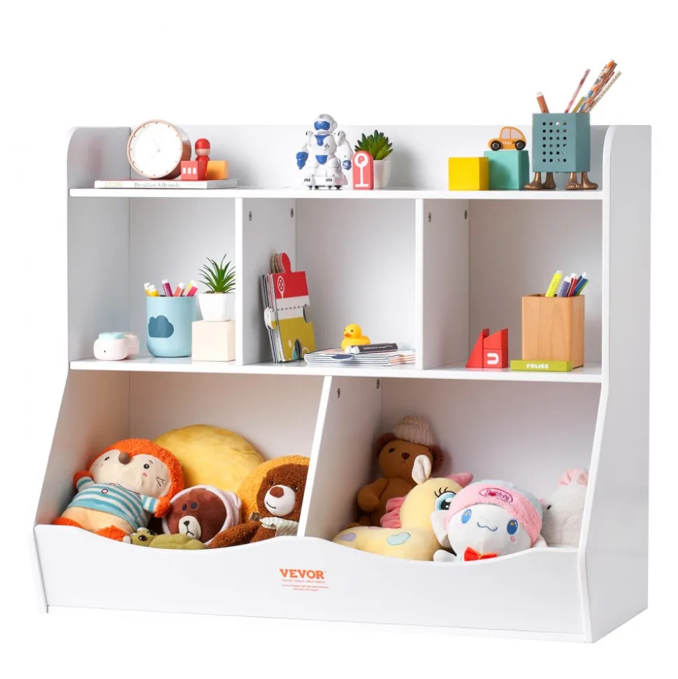 VEVOR Wood Kid Storage Cubby, Toy Storage Organizer with Bookshelf, 5-Cubby Wood Toy Storage Cabinet, Children Book Toy Shelf for Kids Room, Playroom, Kindergarten, Nursery, White