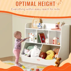 VEVOR Wood Kid Storage Cubby, Toy Storage Organizer with Bookshelf, 5-Cubby Wood Toy Storage Cabinet, Children Book Toy Shelf for Kids Room, Playroom, Kindergarten, Nursery, White