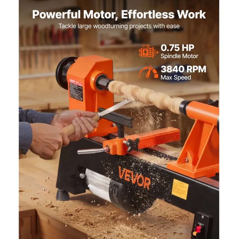 VEVOR Wood Lathe 3/4 HP 12" x 18" Benchtop Wood Lathe Machine 5 Speeds, 780/1320/1920/2640/3840 RPM, with Tool Rest, Wrenches, Faceplate, Heavy Duty, for Beginner Professional Woodworking, Woodturning