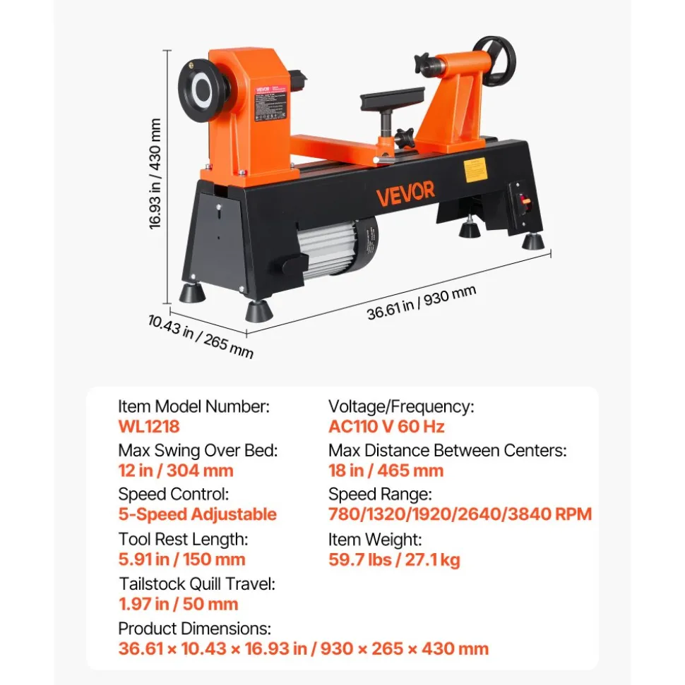 VEVOR Wood Lathe 3/4 HP 12" x 18" Benchtop Wood Lathe Machine 5 Speeds, 780/1320/1920/2640/3840 RPM, with Tool Rest, Wrenches, Faceplate, Heavy Duty, for Beginner Professional Woodworking, Woodturning