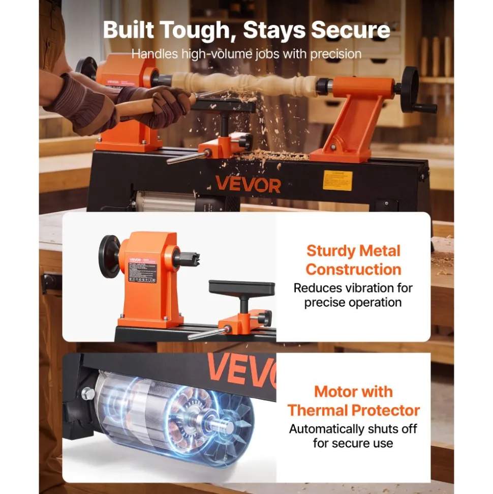 VEVOR Wood Lathe 3/4 HP 12" x 18" Benchtop Wood Lathe Machine 5 Speeds, 780/1320/1920/2640/3840 RPM, with Tool Rest, Wrenches, Faceplate, Heavy Duty, for Beginner Professional Woodworking, Woodturning