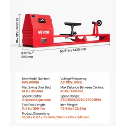 VEVOR Wood Lathe 1/2 HP 10" x 18" Benchtop Wood Lathe Machine 5 Speeds, 780/1320/1920/2640/3840 RPM, with Tool Rest, Wrenches, Feet, Heavy Duty, for Beginners DIY Enthusiasts Woodworking, Woodturning