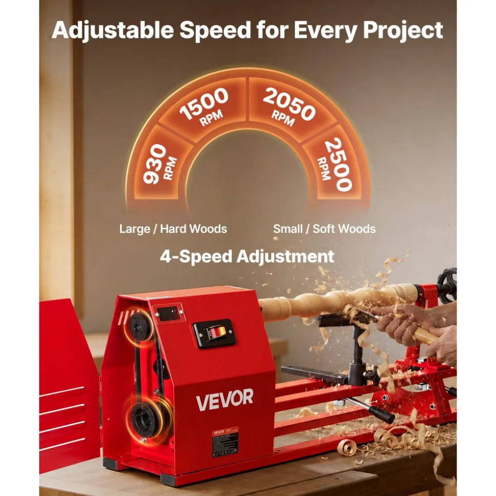 VEVOR Wood Lathe 1/2 HP 10" x 18" Benchtop Wood Lathe Machine 5 Speeds, 780/1320/1920/2640/3840 RPM, with Tool Rest, Wrenches, Feet, Heavy Duty, for Beginners DIY Enthusiasts Woodworking, Woodturning