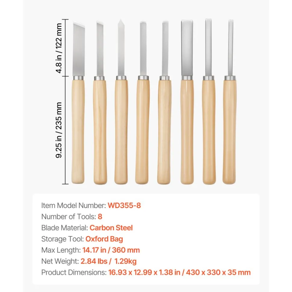 VEVOR Wood Lathe Turning Tool Set, 8PCS, Lathe Chisel Set with Carbon Steel Blade, 2 Skew, 1 Spear Point, 1 Parting, 1 Round Nose, 3 Gouge Tools, 1 Oxford Bag, for Beginners, Hobbyists, Professionals