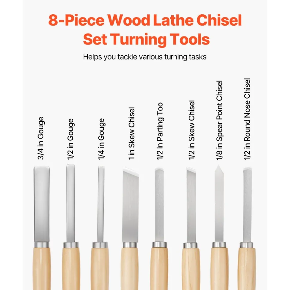 VEVOR Wood Lathe Turning Tool Set, 8PCS, Lathe Chisel Set with Carbon Steel Blade, 2 Skew, 1 Spear Point, 1 Parting, 1 Round Nose, 3 Gouge Tools, 1 Oxford Bag, for Beginners, Hobbyists, Professionals