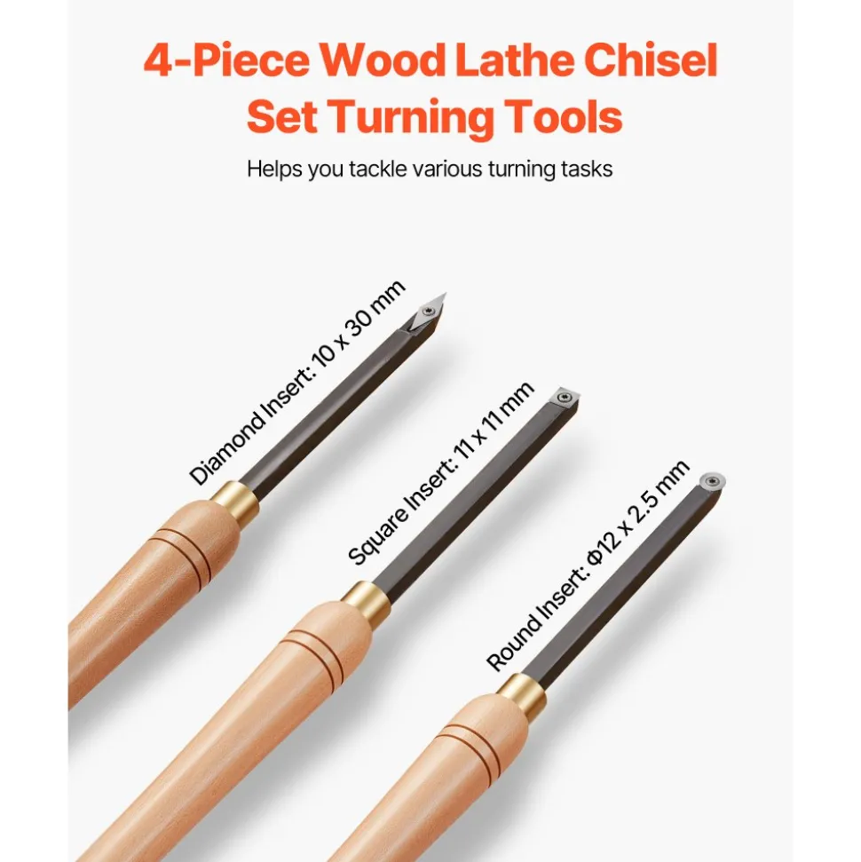 VEVOR Wood Lathe Turning Tool Set, 4PCS, Lathe Roughing Finishing and Detailing Hollow Tool with Wooden Handle, Diamond Round Square Carbide Inserts, Wooden Box, for Beginners Hobbyists Professionals