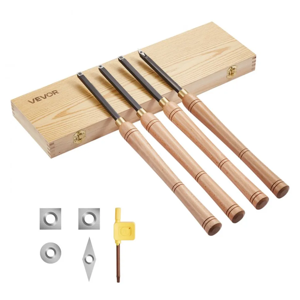 VEVOR Wood Lathe Turning Tool Set, 4PCS, Lathe Roughing Finishing and Detailing Hollow Tool with Wooden Handle, Diamond Round Square Carbide Inserts, Wooden Box, for Beginners Hobbyists Professionals