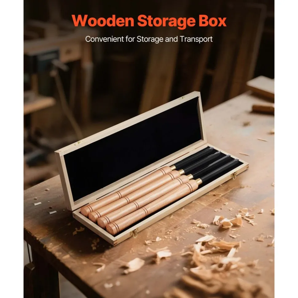 VEVOR Wood Lathe Turning Tool Set, 4PCS, Lathe Roughing Finishing and Detailing Hollow Tool with Wooden Handle, Diamond Round Square Carbide Inserts, Wooden Box, for Beginners Hobbyists Professionals