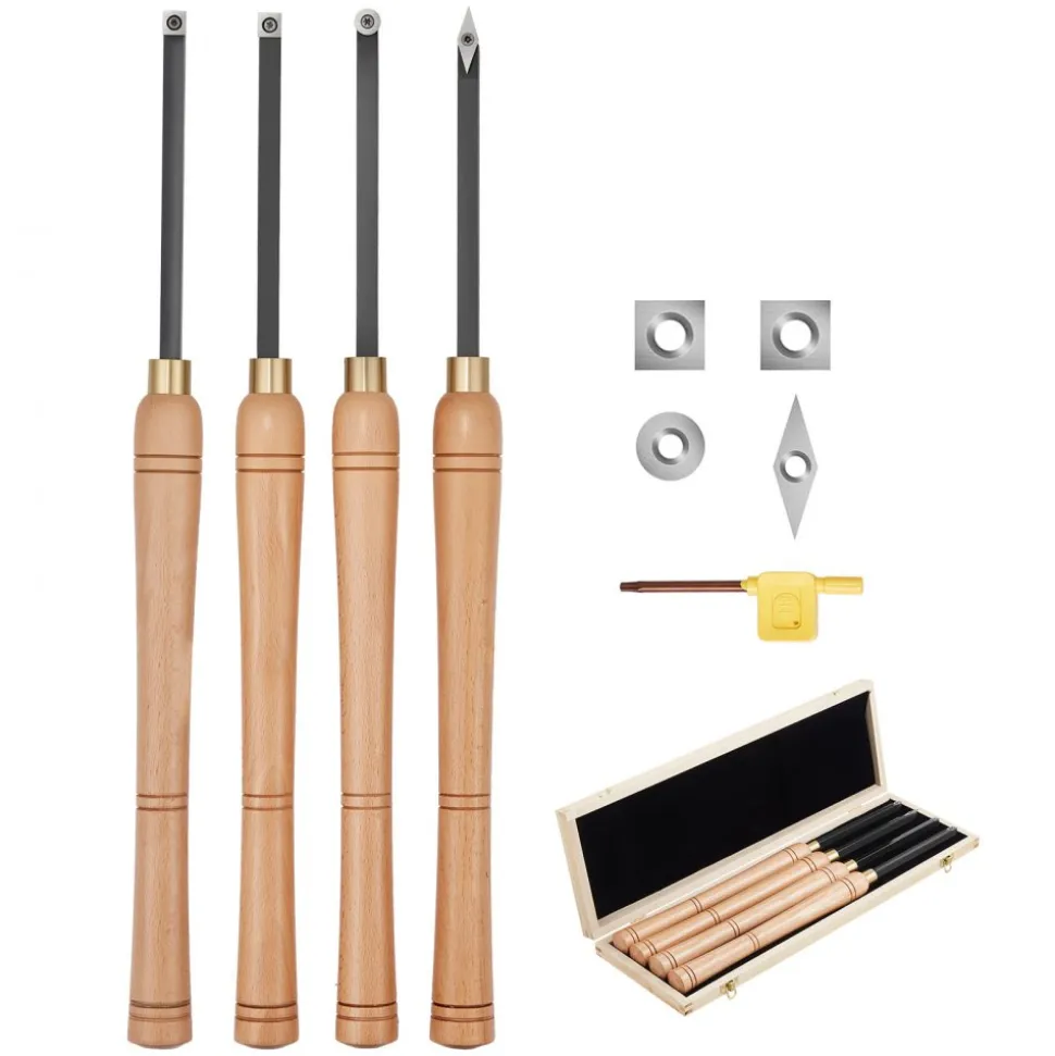 VEVOR Wood Lathe Turning Tool Set, 4PCS, Lathe Roughing Finishing and Detailing Hollow Tool with Wooden Handle, Diamond Round Square Carbide Inserts, Wooden Box, for Beginners Hobbyists Professionals