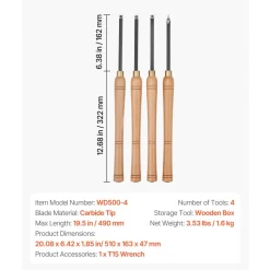 VEVOR Wood Lathe Turning Tool Set, 4PCS, Lathe Roughing Finishing and Detailing Hollow Tool with Wooden Handle, Diamond Round Square Carbide Inserts, Wooden Box, for Beginners Hobbyists Professionals
