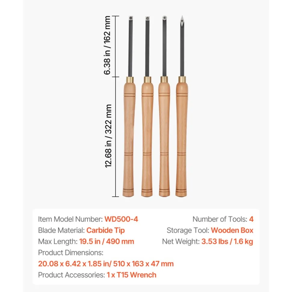 VEVOR Wood Lathe Turning Tool Set, 4PCS, Lathe Roughing Finishing and Detailing Hollow Tool with Wooden Handle, Diamond Round Square Carbide Inserts, Wooden Box, for Beginners Hobbyists Professionals