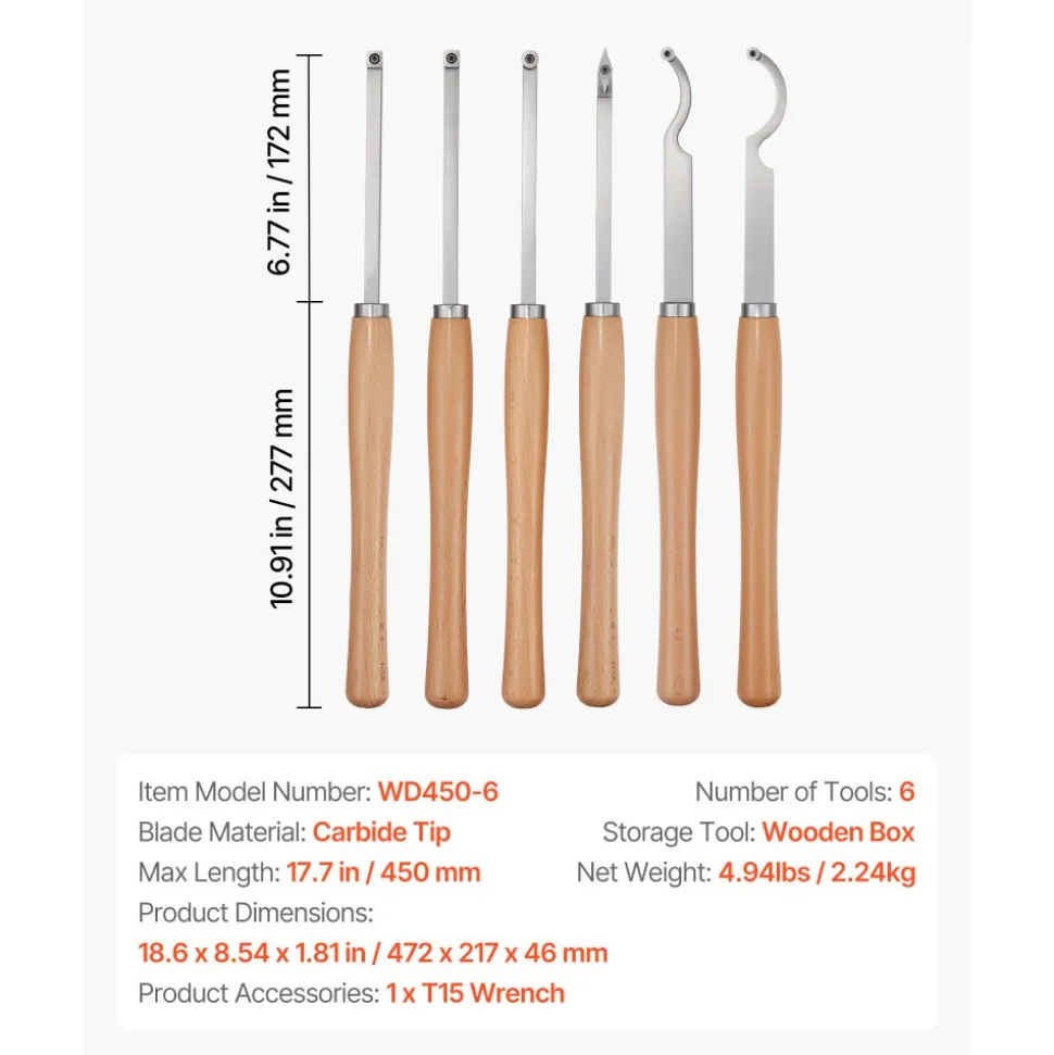 VEVOR Wood Lathe Turning Tool Set, 6PCS, Lathe Roughing, Finishing, Detailing Hollow Tool with Wooden Handle, Diamond Round Square Carbide Inserts, Wooden Box, for Beginners, Hobbyists, Professionals