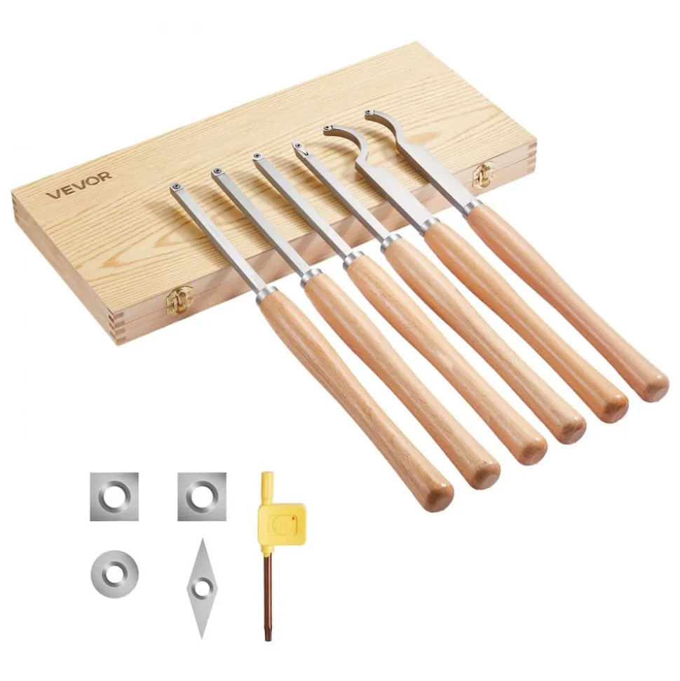 VEVOR Wood Lathe Turning Tool Set, 6PCS, Lathe Roughing, Finishing, Detailing Hollow Tool with Wooden Handle, Diamond Round Square Carbide Inserts, Wooden Box, for Beginners, Hobbyists, Professionals