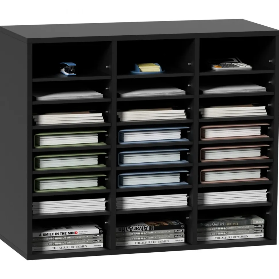 VEVOR Wood Literature Organizer, 24 Compartments, File Sorter with Removable Shelves, Mailboxes Slot for Office Home Classroom Mailrooms Organization, EPA Certified, Black