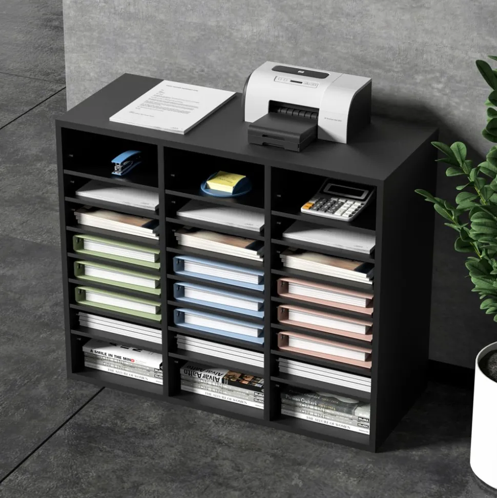 VEVOR Wood Literature Organizer, 24 Compartments, File Sorter with Removable Shelves, Mailboxes Slot for Office Home Classroom Mailrooms Organization, EPA Certified, Black