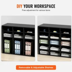 VEVOR Wood Literature Organizer, 24 Compartments, File Sorter with Removable Shelves, Mailboxes Slot for Office Home Classroom Mailrooms Organization, EPA Certified, Black